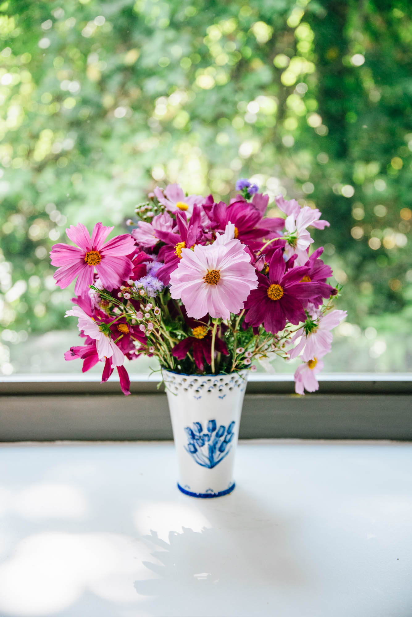 Purple flowers in a blue and white vase
