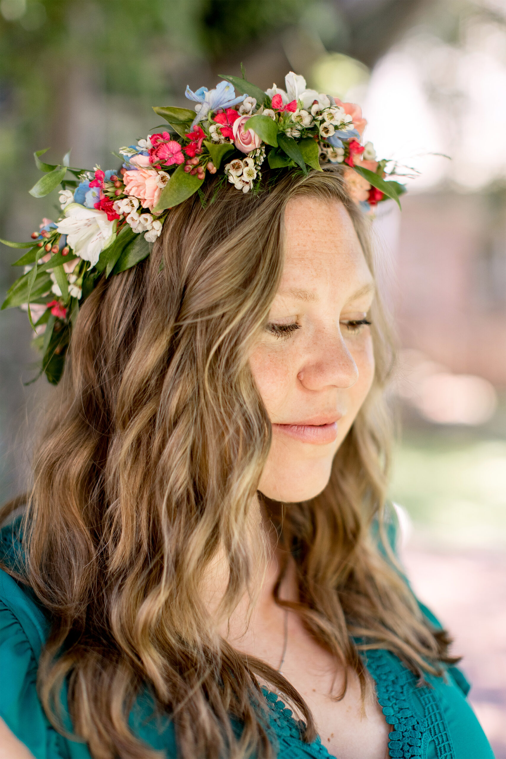 Woman wearing a colorful flower crown