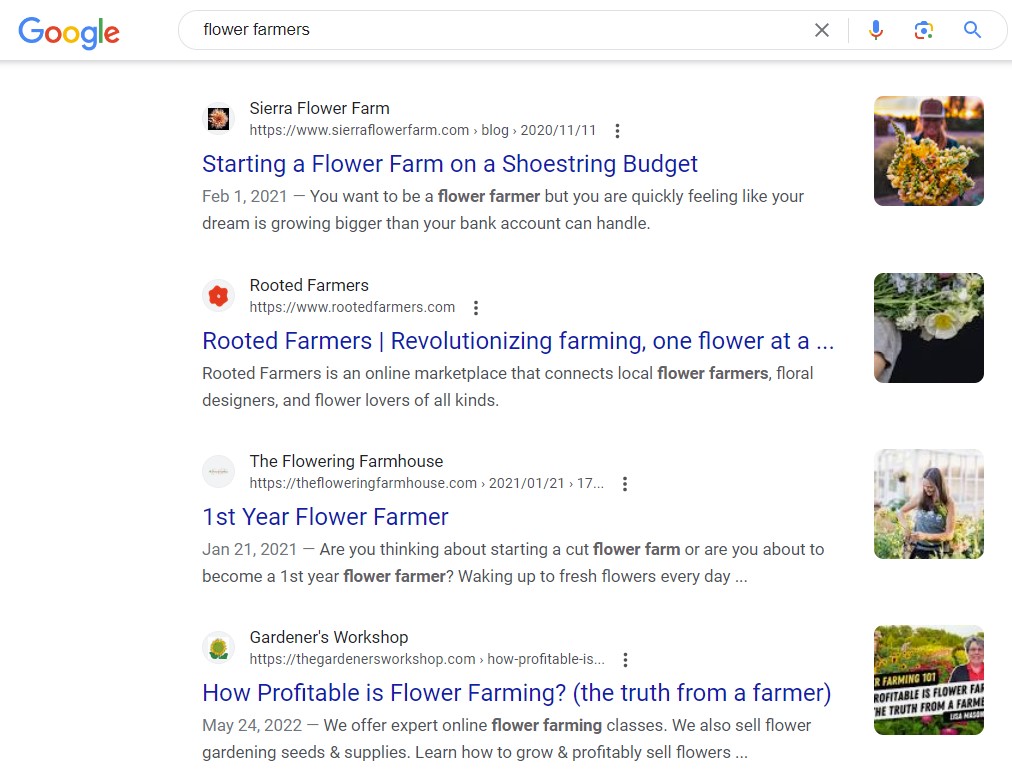 Screenshot of flower farmers title tags and meta descriptions