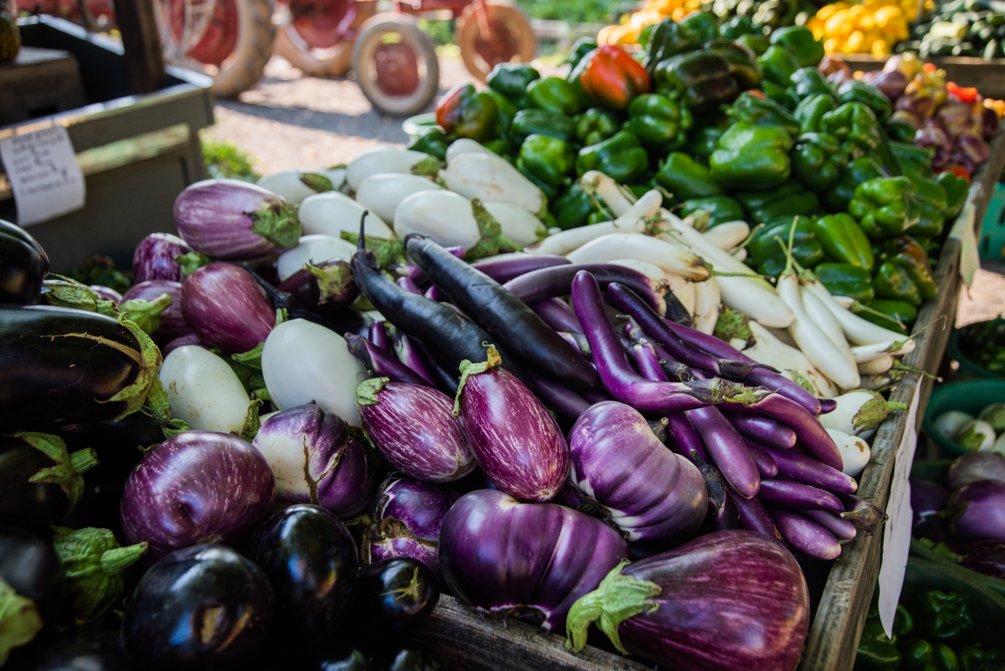 Eggplants and green peppers at a farm market