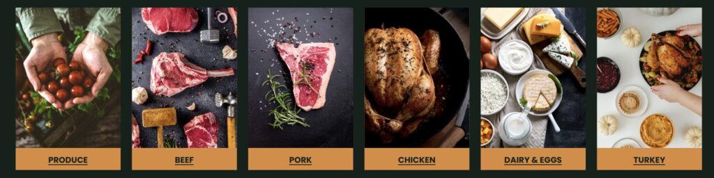 Screenshot of different food offerings from a farm