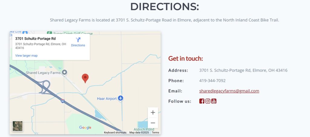 Screenshot of Shared Legacy Farm's Contact page