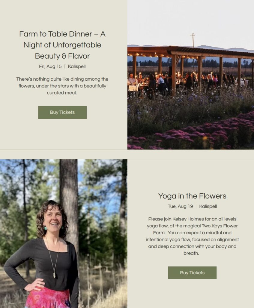 Screenshot of Two Kays Flower Farm website events page